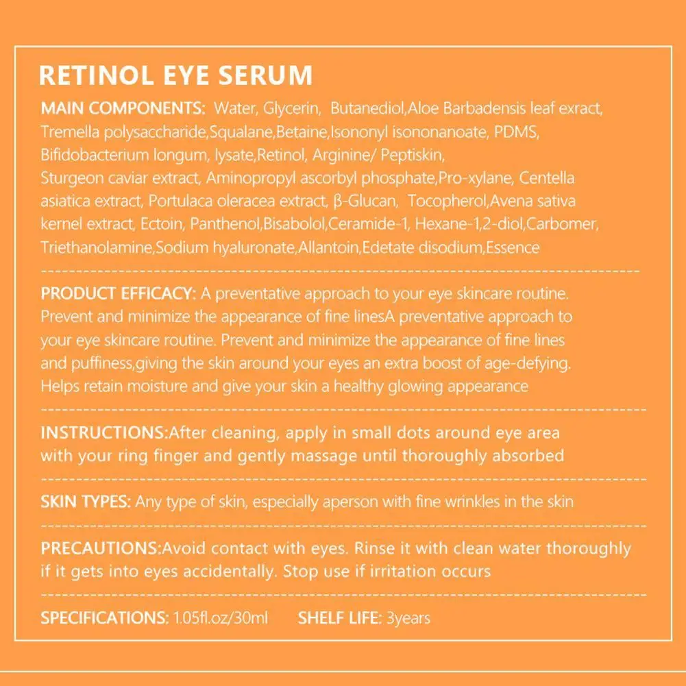 

30ml Retinol Eye Serum Anti-Wrinkle Remove Eye Bags Lines Dark Care Fade Moisturizing Brighten Skin Fine Eyes Whitening Cir S6R0