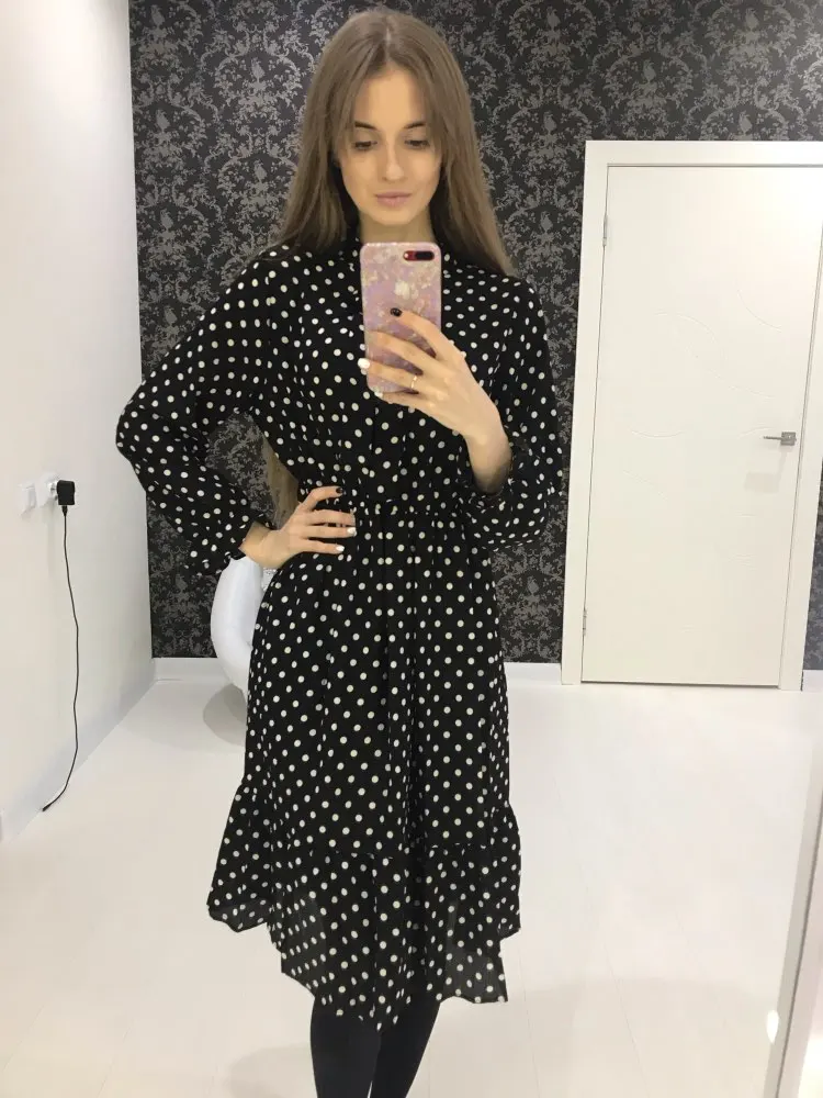 Корейская черная рубашка Vestidos для офиса в горошек, винтажные осенние платья, Женское зимнее платье, миди платье с цветочным рисунком и длинным рукавом для женщин