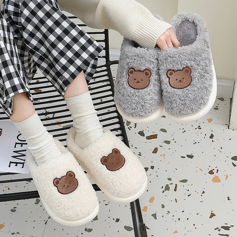 Women Men's Cotton Slippers Warm Indoor Cartoon Bear Furry Slides Plush EVA Thick Sole Fuzzy Home Flat  Anti-slip Ladies Shoes