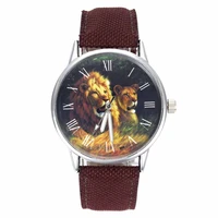 lion king africa animal pet fashion jewelry women men dark brown canvas strap sport luminous round wrist watch