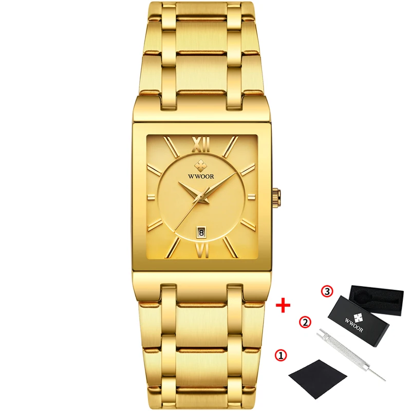 full gold WWOOR Роскошные мужские часы, Золотые Квадратные кварцевые часы для мужчин, Лидирующий бренд, часы с датой, водонепроницаемый золотой браслет, деловые мужские наручные часы - Цвет: full gold