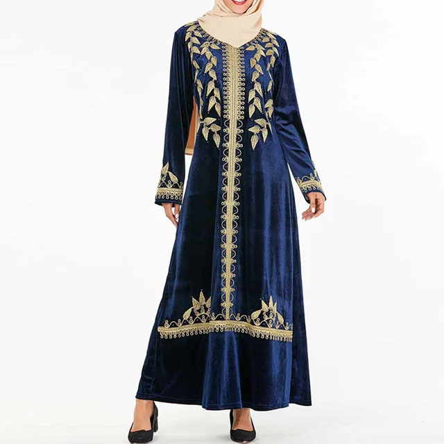 dark blue dress Плюс размер цветочный бархат abaya Дубай зима осень утолщаются теплый турецкий хиджаб мусульманское платье исламское одежда Абая для женщин - Цвет: dark blue dress