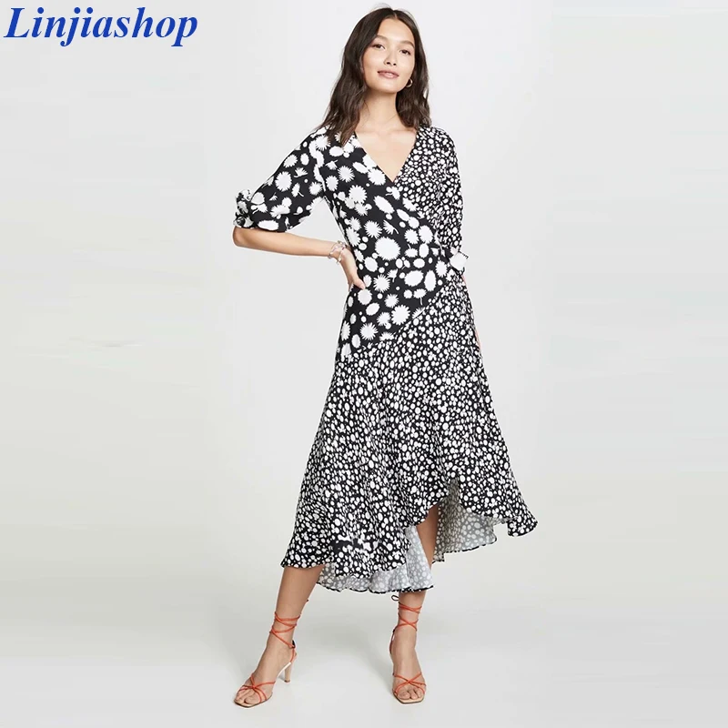 

2019 new autumn vintage beach holiday split dress women v neck short sleeve polka dot print midi dress dropshipping