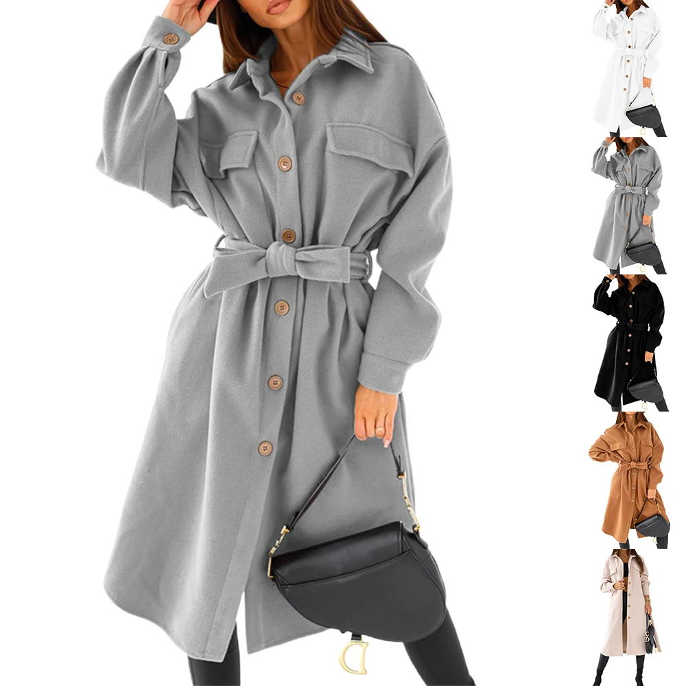 

Fashion Womens Casual Plain Lace Up Warm Overcoat Ladies Button Solid Long Coat Ladies Casual Plain Long Coat Wearing Tops