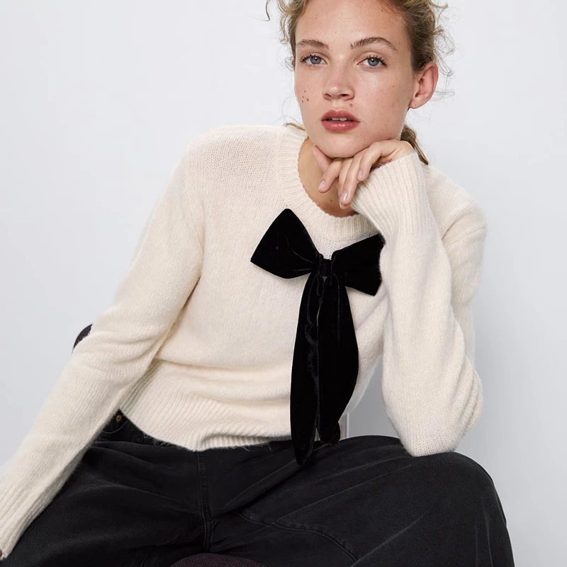 Autumn New ZA Women's Knit Sweater Fashion Stripe Long Sleeve V-neck Loose Casual Turtleneck Hot Sales Wholesale | Женская одежда