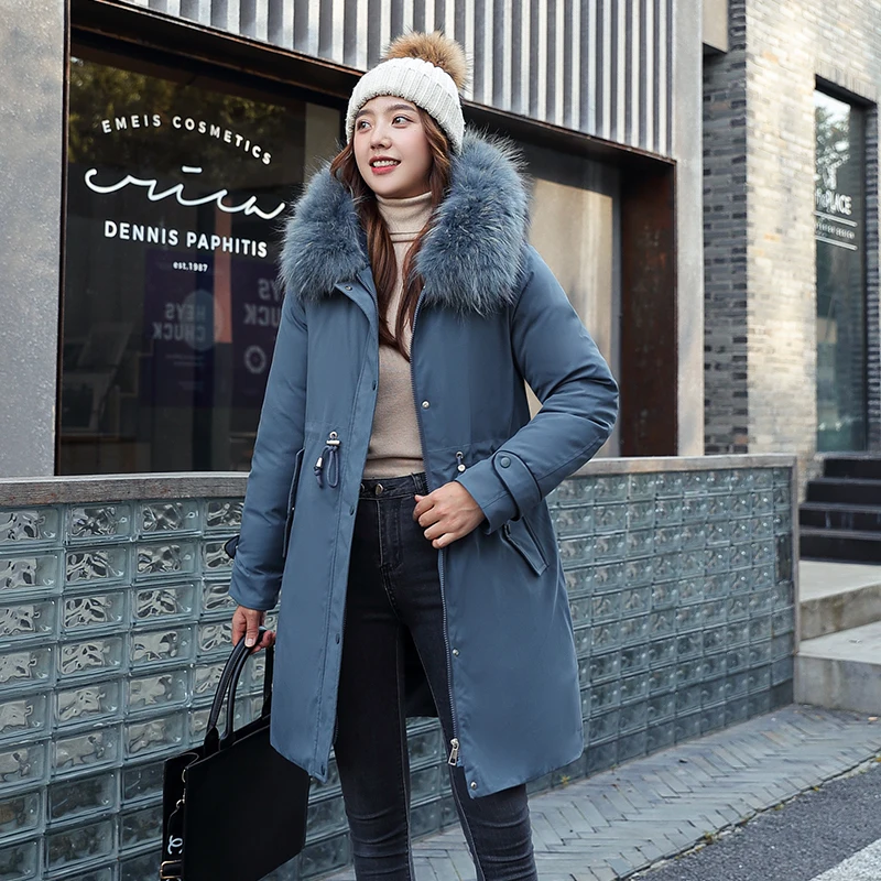 Women's Parka Hooded with Fur Wool Liner Ladies Long Winter Down Jacket Thick Zipper Pockets Solid Padded Coats for Female 2021