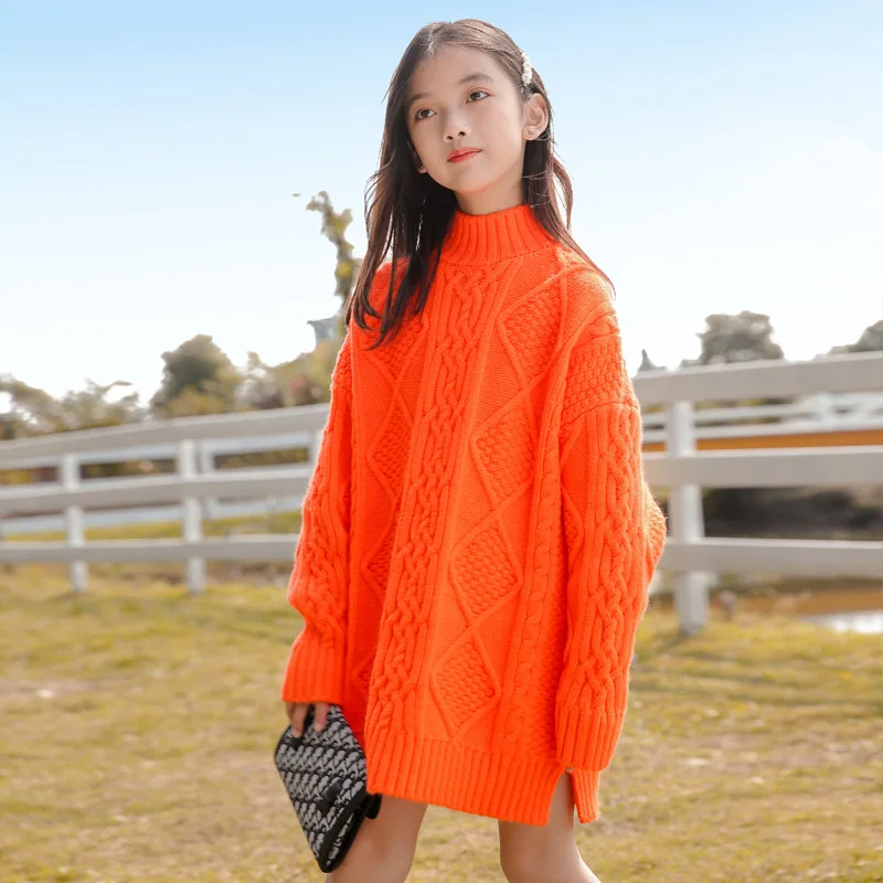 

2021 Autumn And Winter Girl Knit Pullover High Neck Mid-length Top Girl Orange White Mid-length Sweater 8 10y Girl Warm Sweater