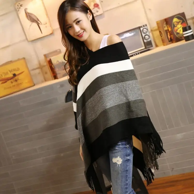 Striped Sleeveless Fringed Knitted Sweater Poncho Women Color Matching Round Neck Pullover Bat Female Spring 2021 |