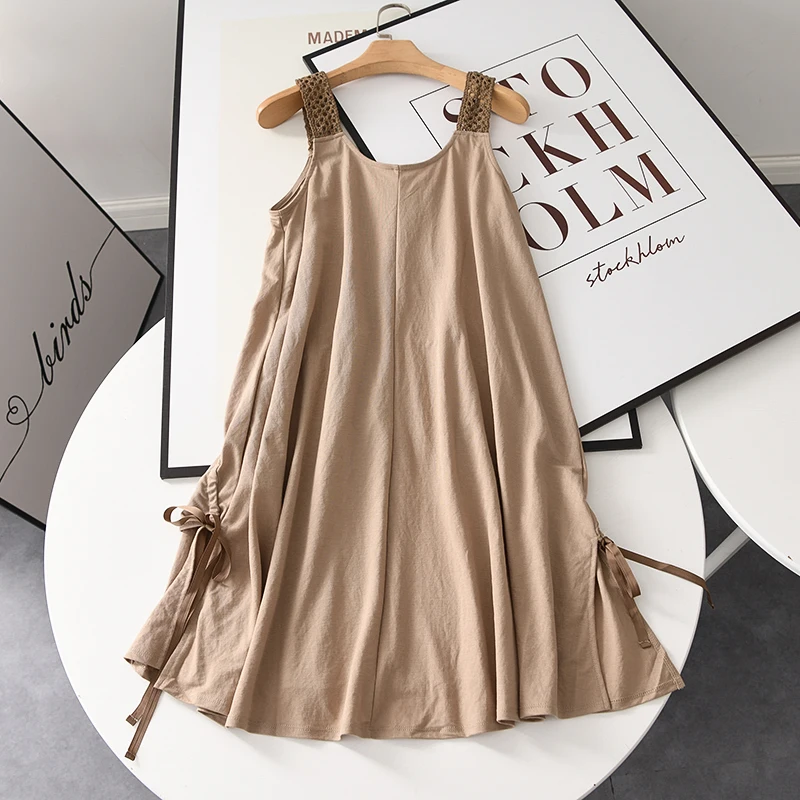 

FOLOBE 2021 Holiday Dresses Women Knitted Spaghetti Straps O-neck Bow Loose A-line Beach Mini Dresses vestido feminino