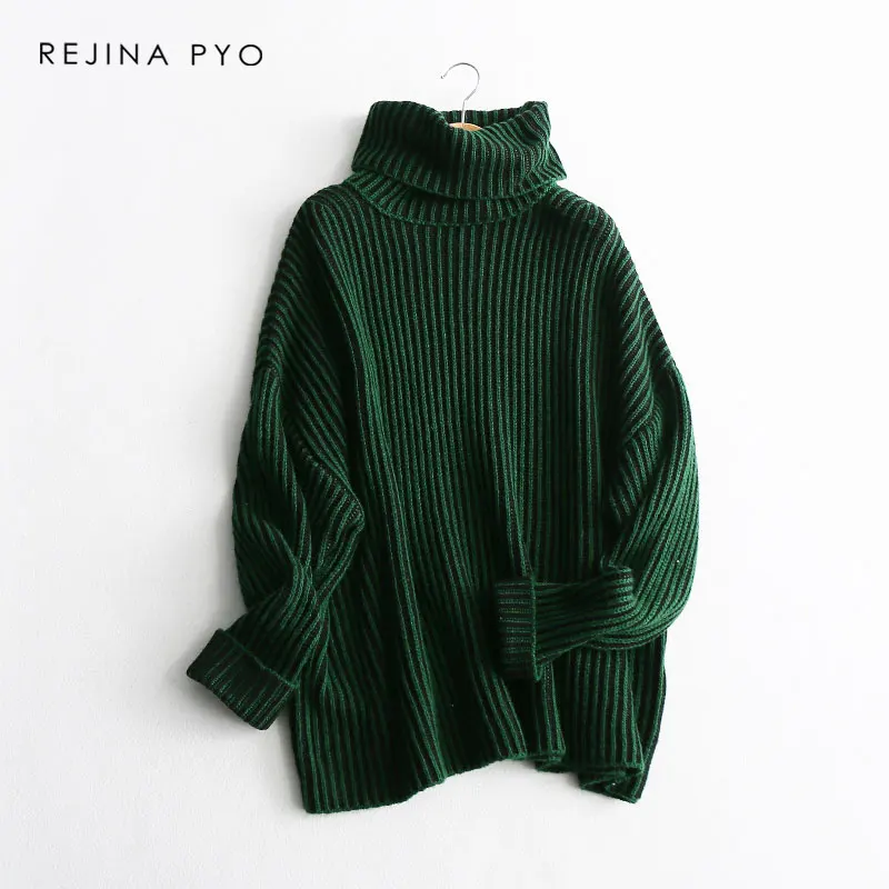 BIAORUINA Women High Quality Chic Contrast Color Striped Solid Knitted Sweater Pullovers Turtleneck 2019 Spring New Arrival | Женская