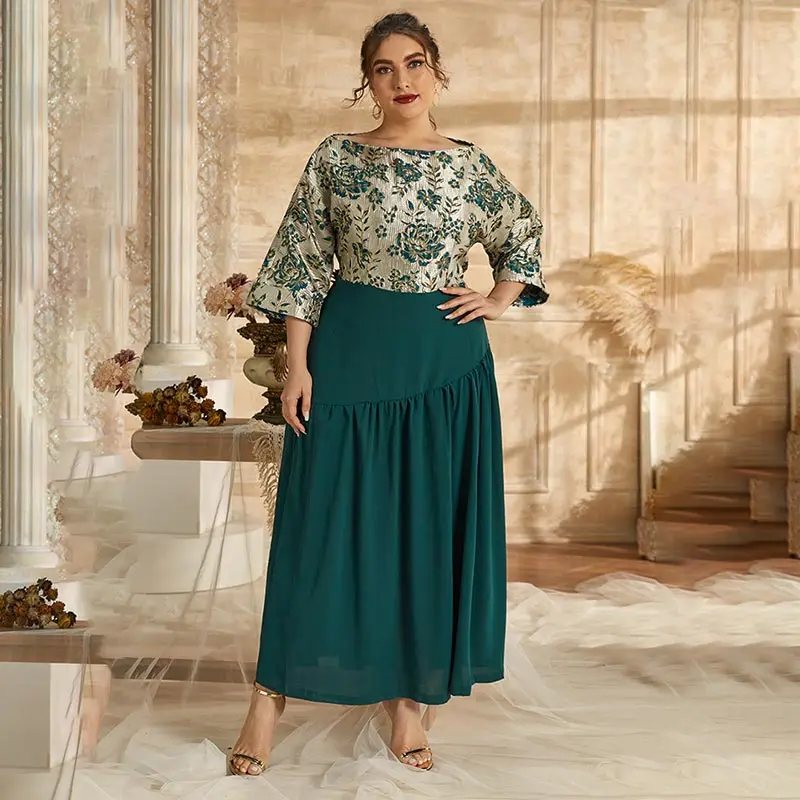 

Summer Autumn Long Dress Women Jacquard Dress Three Quarter Sleeve Large Oversized Fashion Elegant Floral Dress