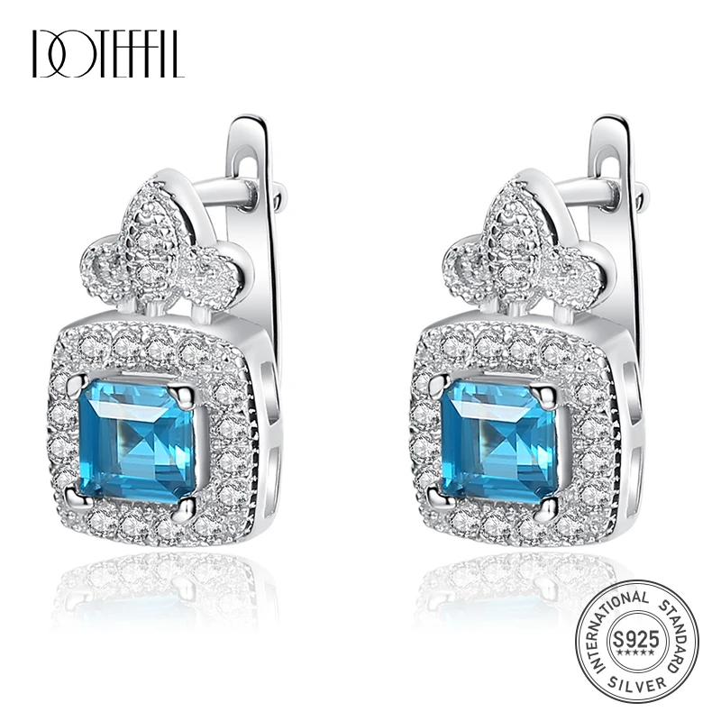 Серьги DOTEFFIL Blue Topza для женщин серебряные крошечные серьги кольца с фианитами Изящные Ювелирные украшения