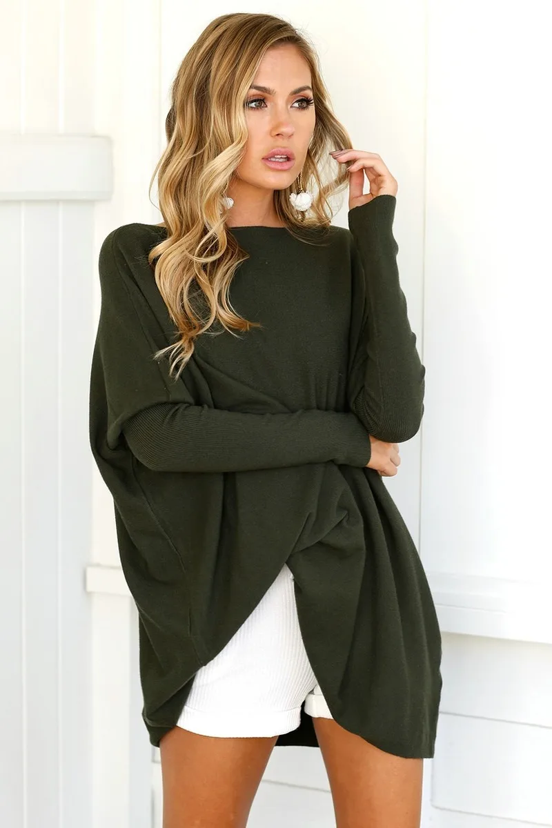 

Women Oversized O Neck Long Sleeve Tops Spring Autumn Mid Length Solid Colors T Shirts New Casual Loose Tees All Match Homewear