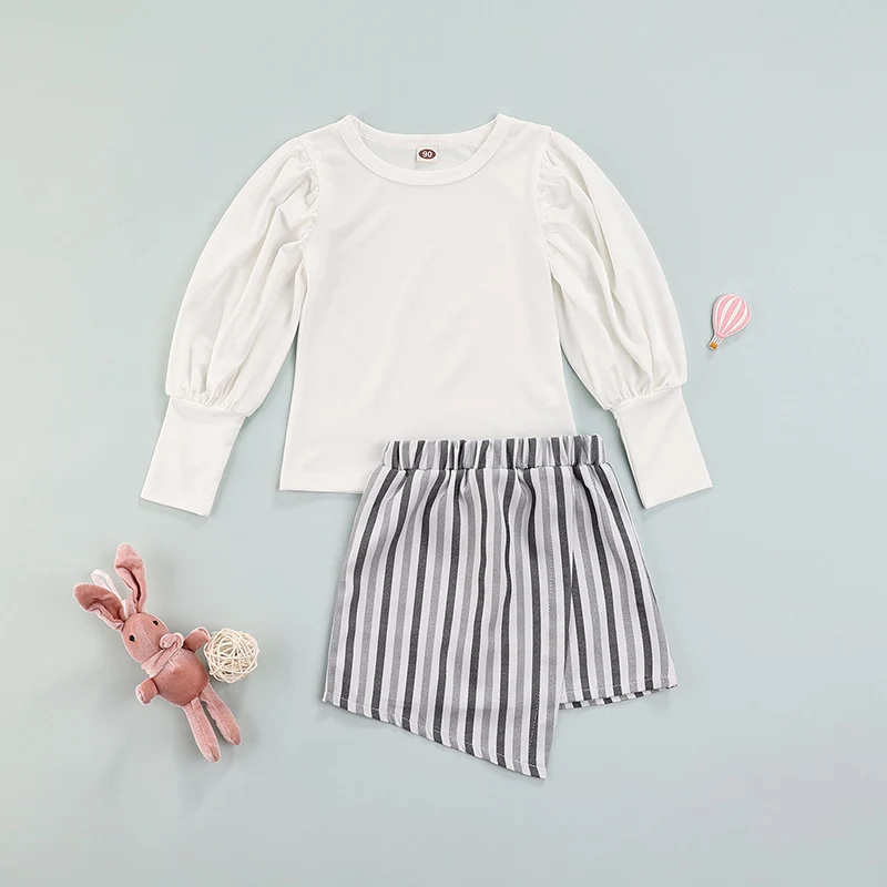 

Autumn Baby Girl Tops Skirt Suit Fashion White Sweatshirt Pulovers High Waist Striped Irregular Hem Half Dress Girl Outfit 1-6Y