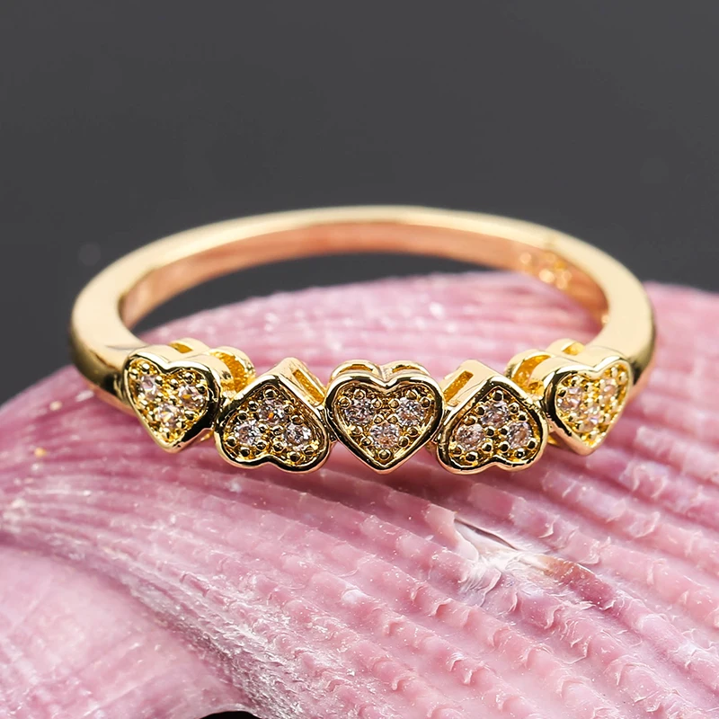 

Hot Sale Fashion Five Hearts Wedding Rings Exquisite Gold Color Cubic Zirconia Pave For Women Band Gift F3M203