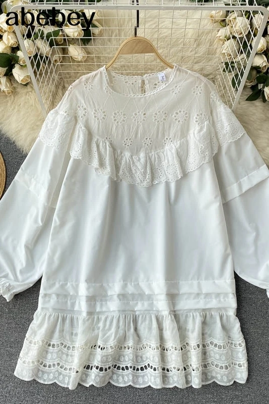 

O Neck long puff sleeve Midi Summer Dress Holiday Ruffles lace Pleated Women's Dress Club Wear Vestidos