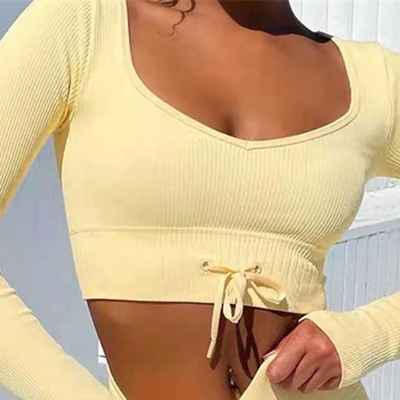 

Women Seamless Long Sleeve Gym Crop Top Quick Dry Yoga T-Shirts Drawstring Long Sleeve Blouses Woman Workout Top Yoga Clothes