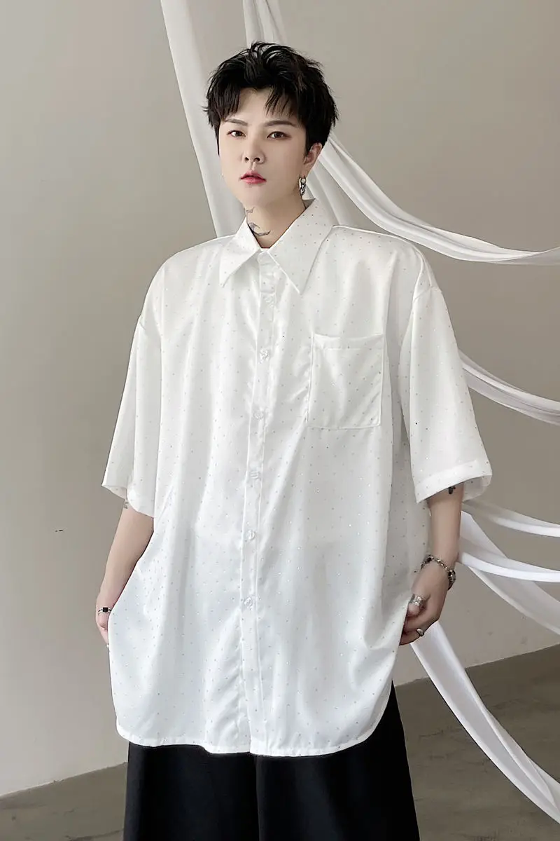 

IEFB 2021 Summer Hotfixrhinestone Loose Men's Short Sleeve Shirt Two Color Lapel Signle Breasted Loose Big Size Shirts 9Y7529