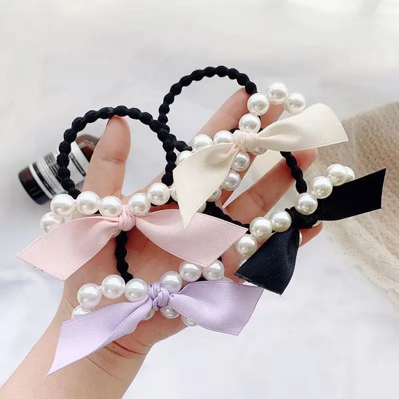 

2pcs/pack Bow Tie Hair Ring Headdress Pearl Hair Rope Temperament Head Rope Female Tie Ponytail Hair Accessories Headband