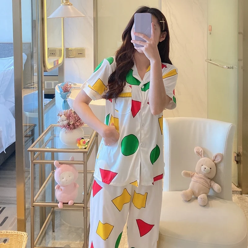 

Korean Printed Pajamas Long Sleeve Milk Silk Crayon Shinchan Home Service Set