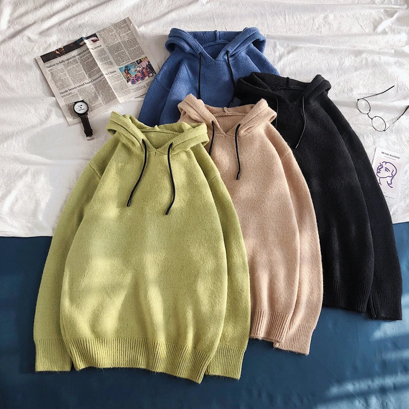 Winter Hooded Sweater Men's Warm Fashion Solid Color Casual Knit Pullover Men Wild Knitting Sweaters Male Sweter Clothes M-2XL