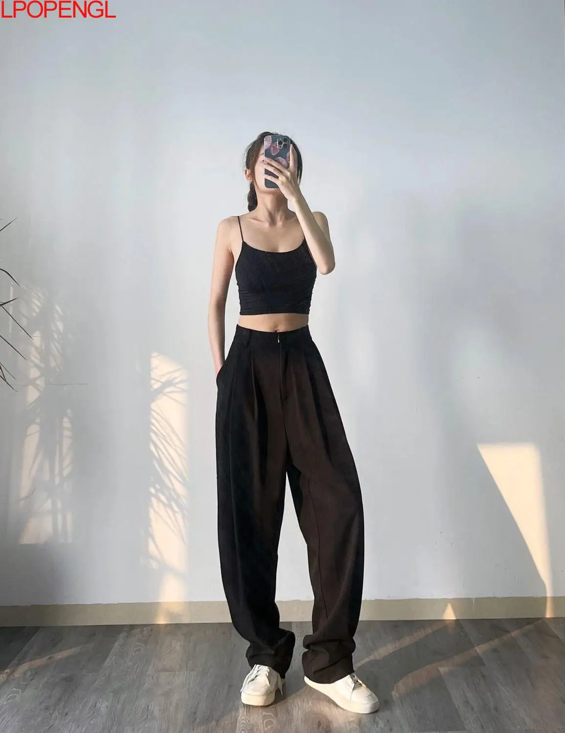 

New Summer Wide Leg Pants Women Elastic Waist Pants Elegant Office Ladies Blue Trousers Plus Length Black 2021 Solid Loose Pants