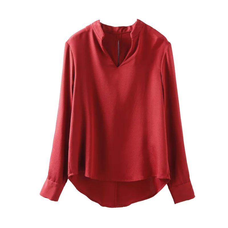 

spring summer new Silk shirt female V-neck mulberry silk top solid color 100% silk blouse shirt women