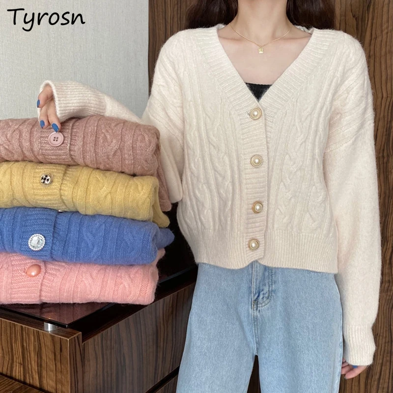 

Женское Элегантное трикотажное милое пальто в стиле ретро, модные простые универсальные свитера в Корейском стиле с V-образным вырезом