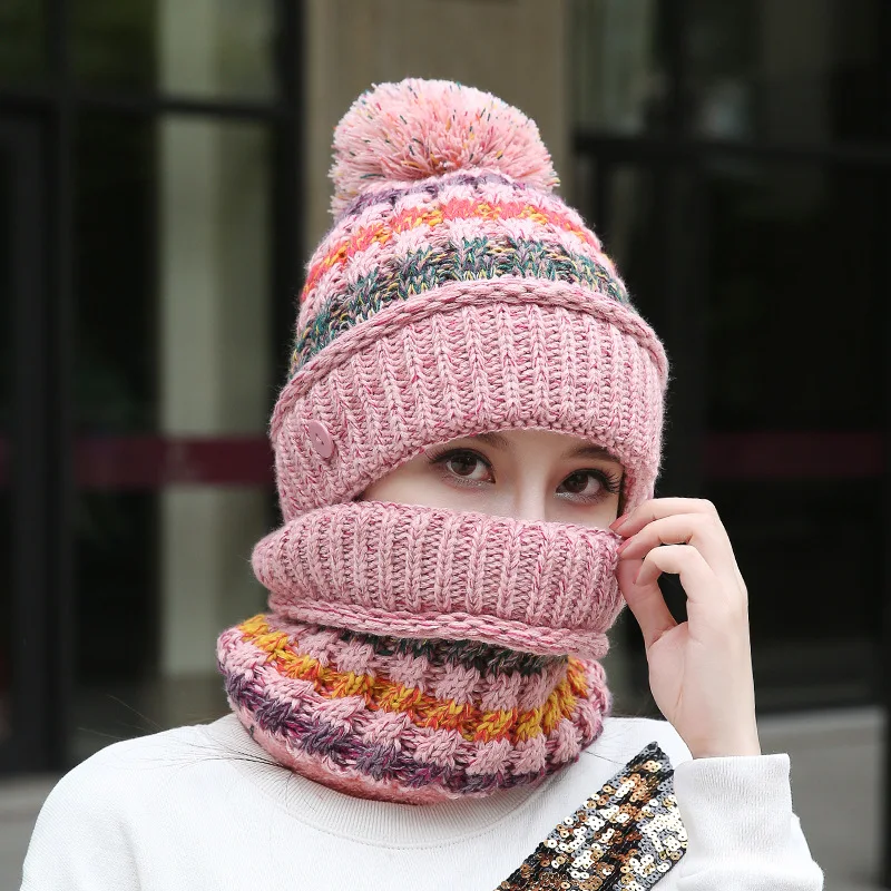 

Three-piece hat, bib, mask, women's autumn and winter knitting and velvet thickening warmth riding sweater hat