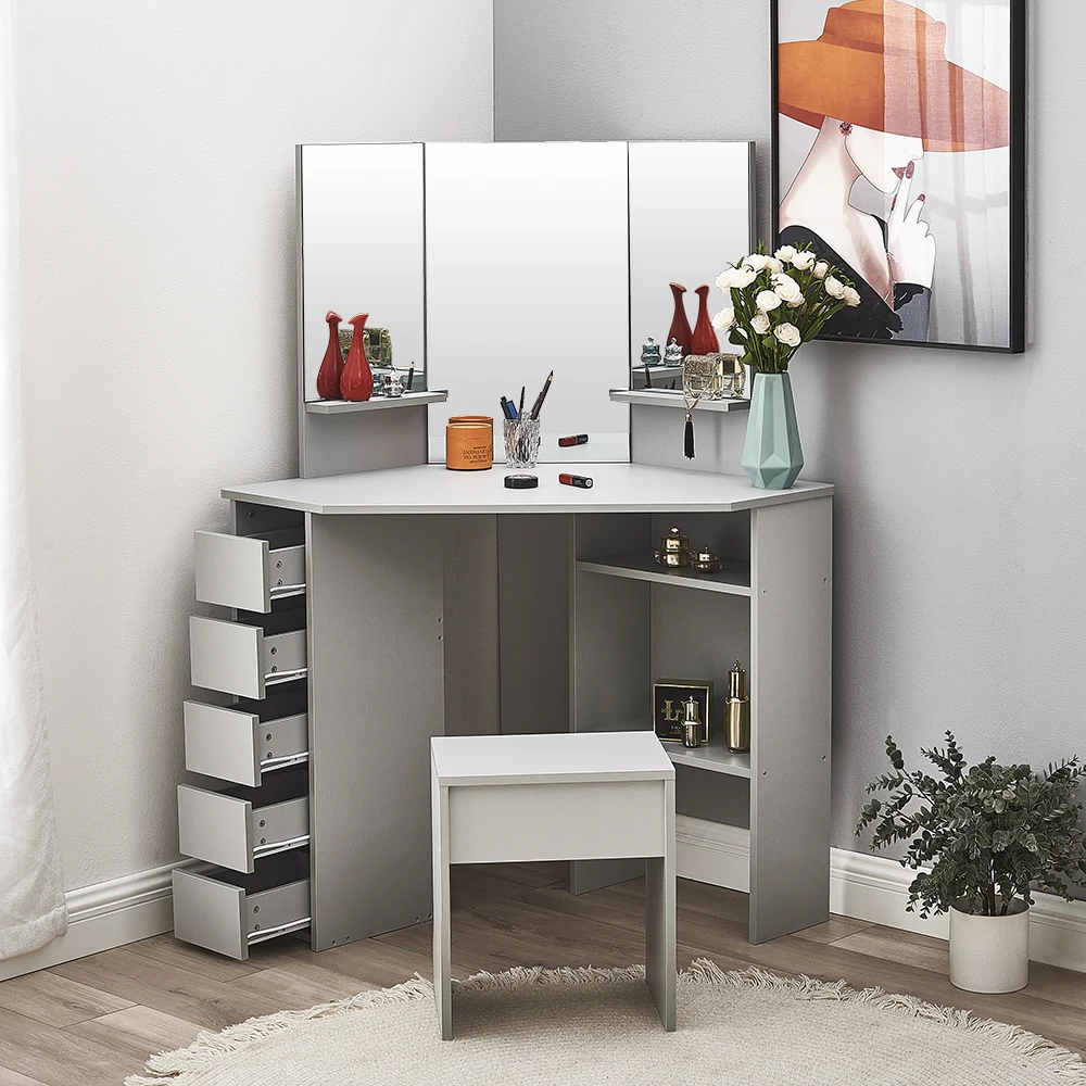 

Panana Modern Corner Dressing Table Stool Makeup Desk with 5 Drawer 3 Mirror and Shelves White Vanity Set