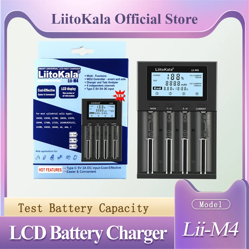

LiitoKala Lii-M4 LCD 3.7V/1.2V AA/AAA 18650/26650/16340/14500/10440/18500 Battery Charger With Screen Detectable Capacity 5V