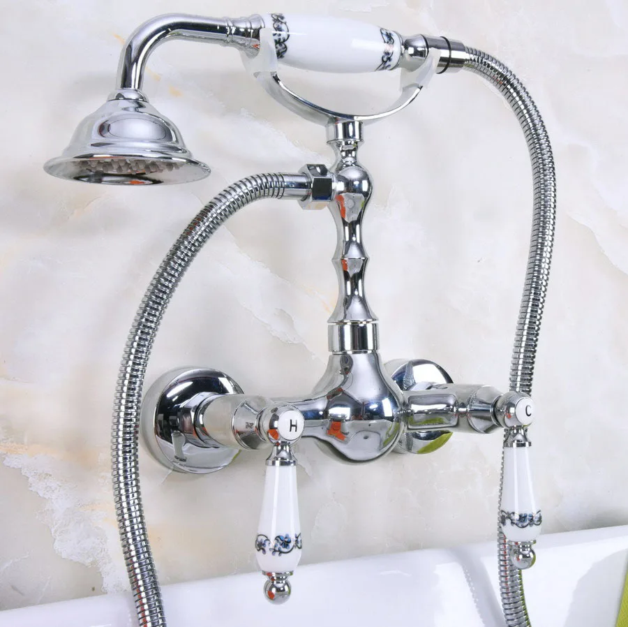 

Polished Chrome Brass Wall Mount Bathtub Faucet with Handheld Shower Set +1500MM Hose Mixer Tap 2na211