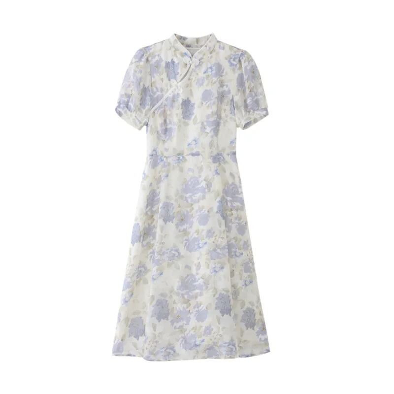 

Gentle Wind Fairy Medium Length Skirt Female Summer Retro Chiffon Puff Sleeve Floral Improved Cheongsam Dress New Stand Collar
