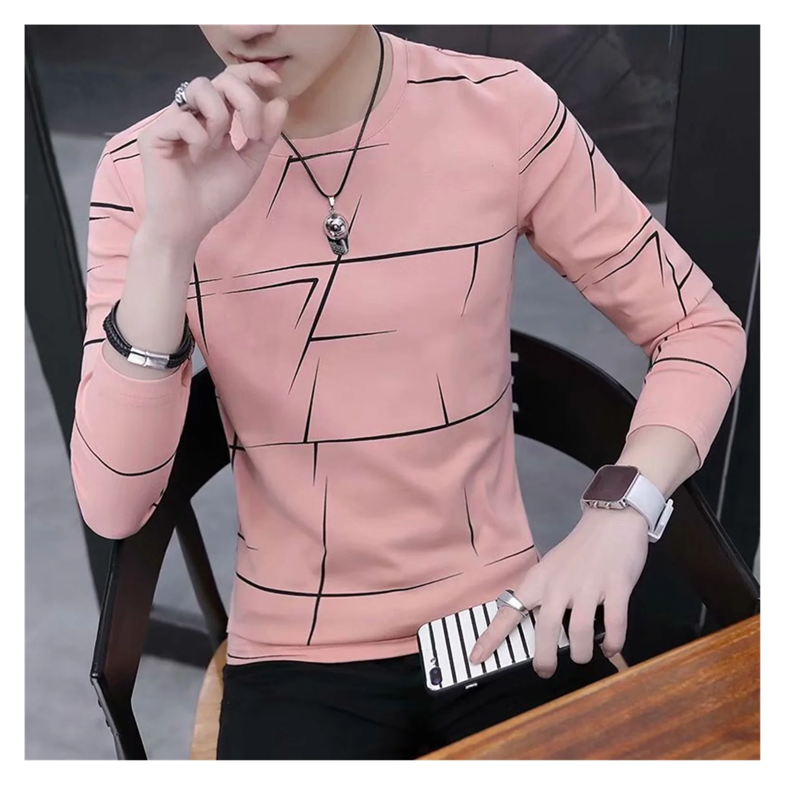 

2021NEW T Shirt Men Autumn Winter Men Long Sleeve T-shirt Stripe Shirt New Tshirt T Shirts O-Neck Casual Pink White Black