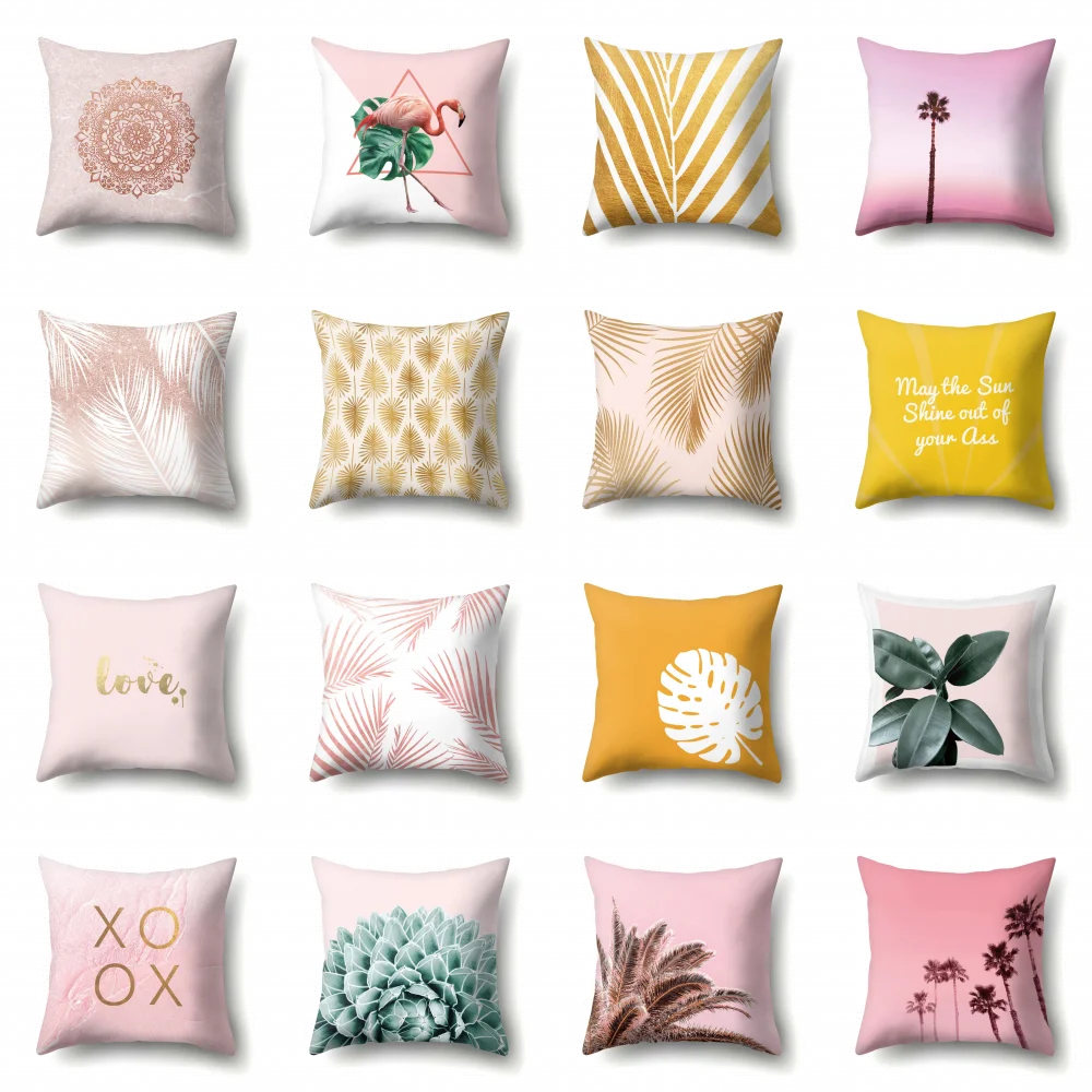

1PCs Leaves Flamingo Pink Gold Polyester Pillow Cover European and American Home Couch Pillow
