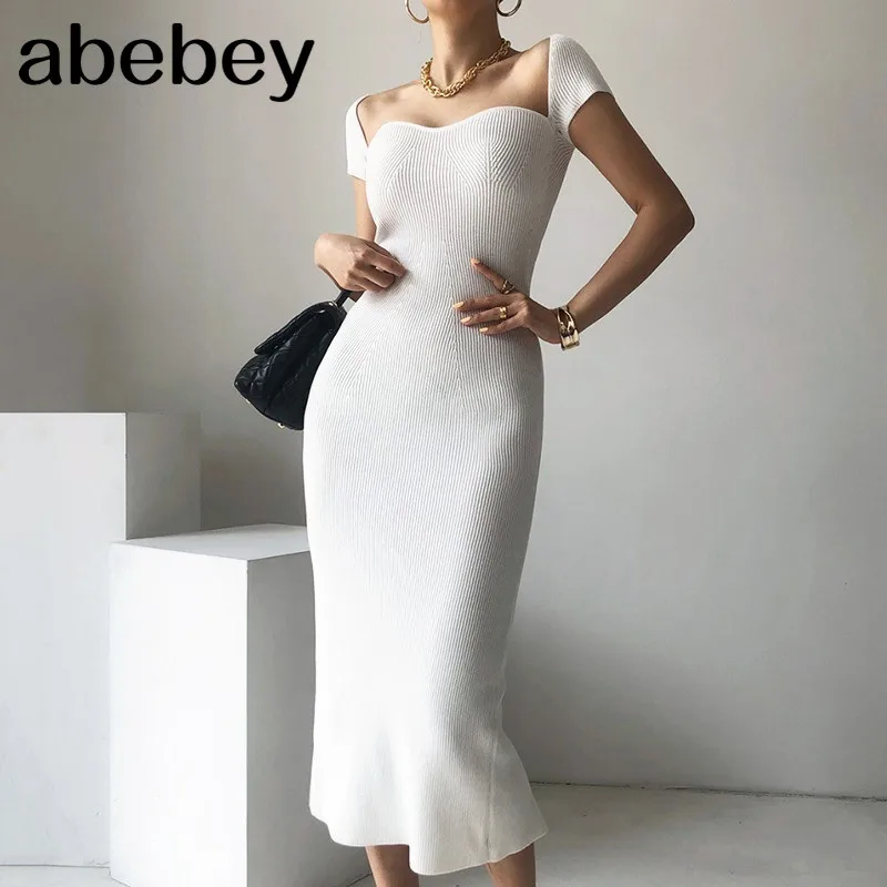 

High Waist Hip Bodycon Temperament Dress Women Square Collar Short Sleeve White Vestidos Summer 2021 New Robe Split