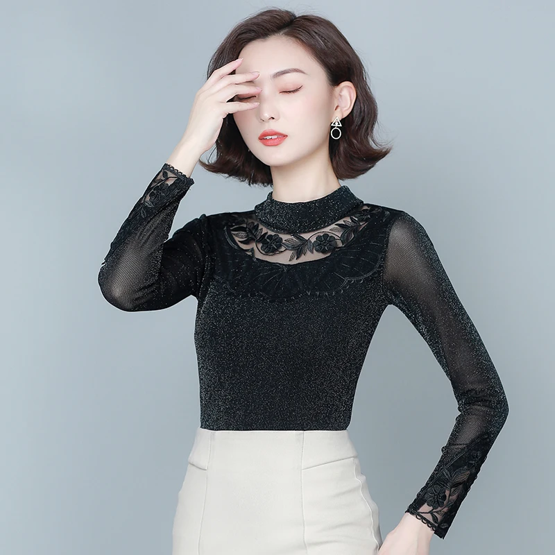 Spring Autumn Women Blouse Long Sleeve Mesh Lace Shirt Women Top Elegant Half High Collar Bright Flower Blouse Female Work Shirt