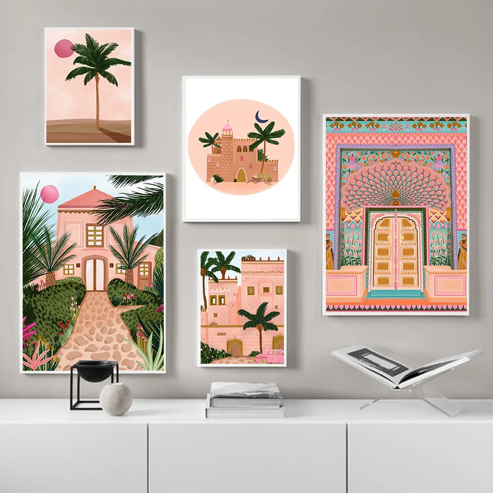 

Moroccan Palm Pink Door Decorative Painting Wall Art Poster Picture For Living Room Bedroom Dining Room Home Decor