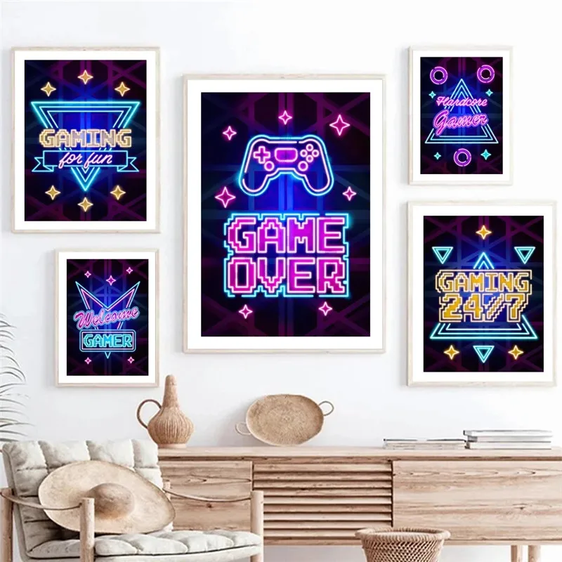 

Colorful Game Console Neon Lights Canvas Painting Nordic Posters and Prints Wall Art Canvas Pictures Gaming Room Decor Cuadros