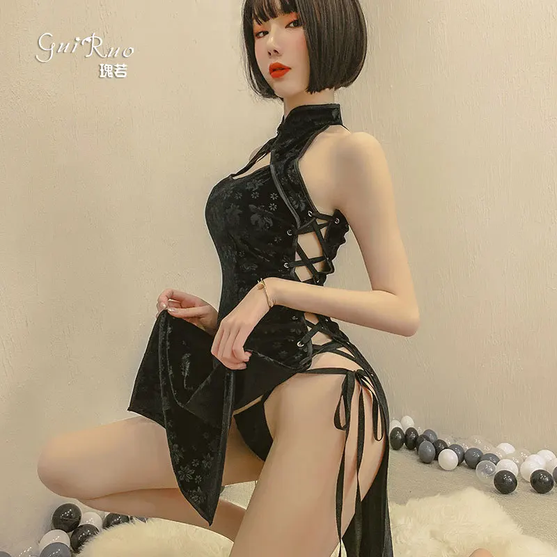 

Plus Size Chinese Traditional Dress Sexy Lingerie Bandage Temptation Clothing China Style Side Slit Hollow Cheongsam Qipao