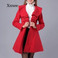 red elegant single button women woolen solid color coat ladies elegant slim long sleeves lapel buttons ruffle jacket