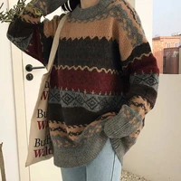 vintage sweater women pullover winter striped knitted sweater korean printed loose jumpers casual pullover knitwear pull femme