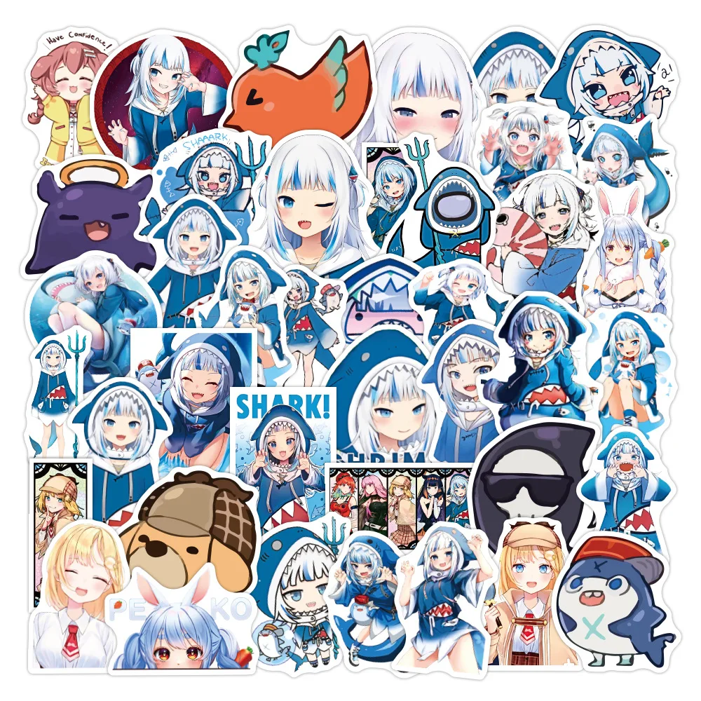 Pegatinas de dibujos animados Kawaii Anime Girl Gawr Gura, calcoman&iacute;as impermeables de tibur&oacute;n, pegatina para patineta para guitarra port&aacute;til, 50 Uds.-0