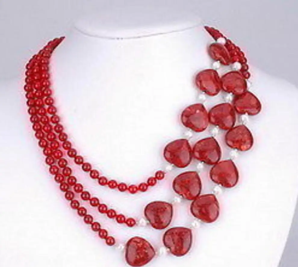 

Free Shipping 3 Rows Stunningr Red heart-shaped jade white pearl Necklace