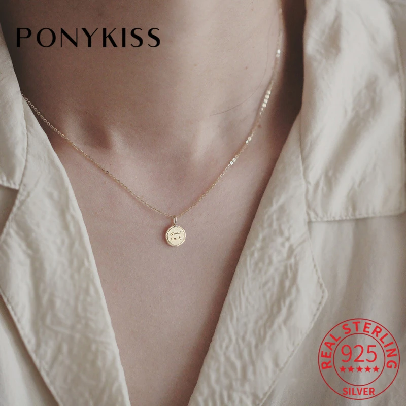 

PONYKISS Trendy 925 Sterling Silver Round Good Luck 14K Gold Pendant Necklace For Fashion Women Rock Fine Jewelry Drop Shipping