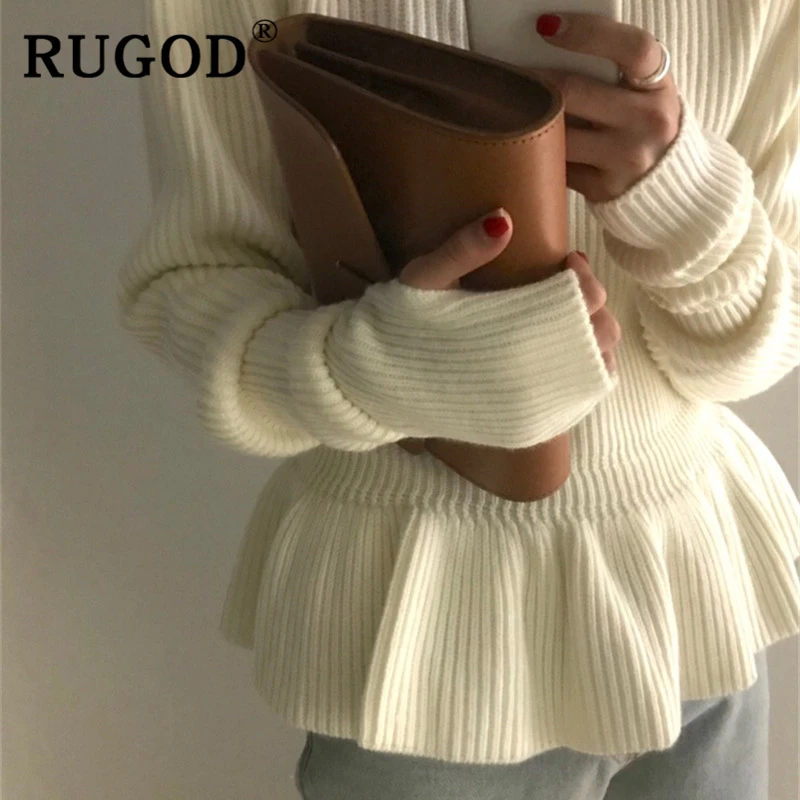 RUGOD Korean chic white sweater women elegant Ruffles puff sleeve slim knitted pullovers Fashion office ladies Winter knitwear | Женская