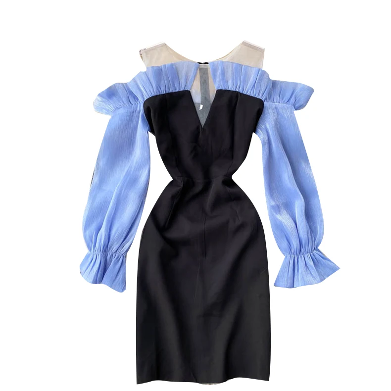 

Niche design dress gauze sling round neck auricle side flared sleeve 2020 autumn new slim