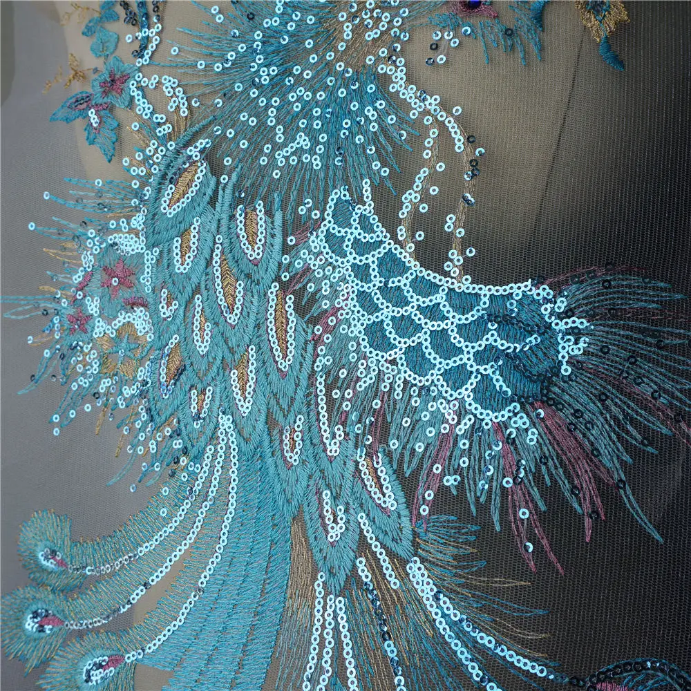 Голубое кружево с блестками Феникс павлин Аппликации мечтательная вышитая ткань