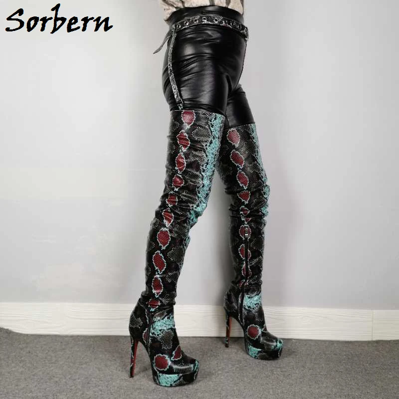 Sorbern Custom Colored Snakes Boots Women High Heel Platform With Belt MId Thigh High Boots Female Custom Wide Fit Slim Fit
