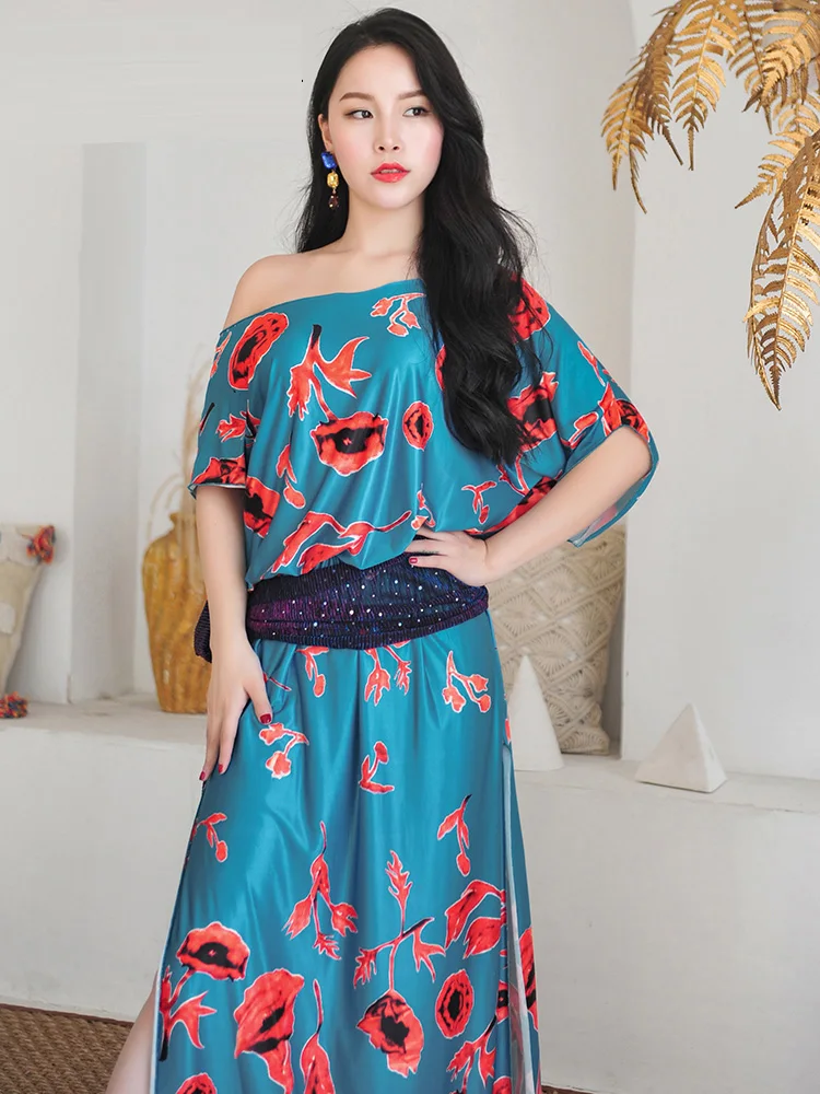 

New belly dance clothes comfortable fabrics printed skirts oriental dance robes 3-piece performance clothes professional dancers